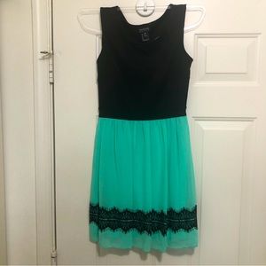 F Enfocus Studio Whimsical Flare Black Turquoise Dress
